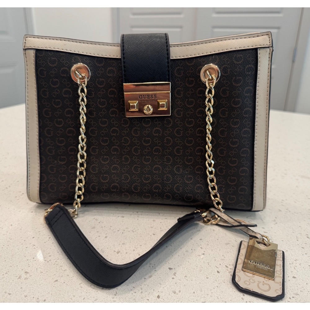Guess Satchel‎ Handbag Womens Brown Good Classic Chic Monogram Chain Strap Bag